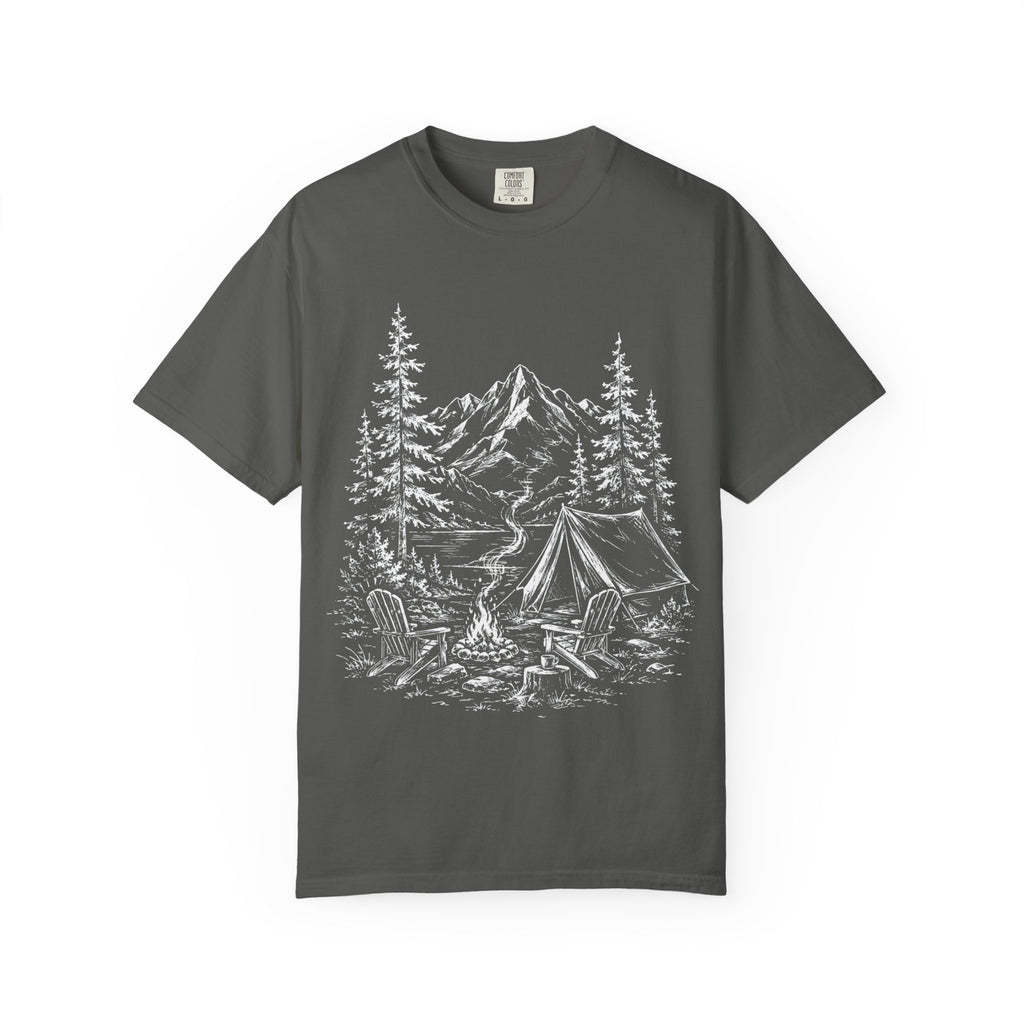 Campsite Sketch — Vintage Mountain Camp Scene Outdoor Tee