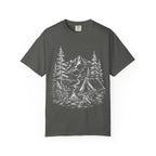 Campsite Sketch — Vintage Mountain Camp Scene Outdoor Tee
