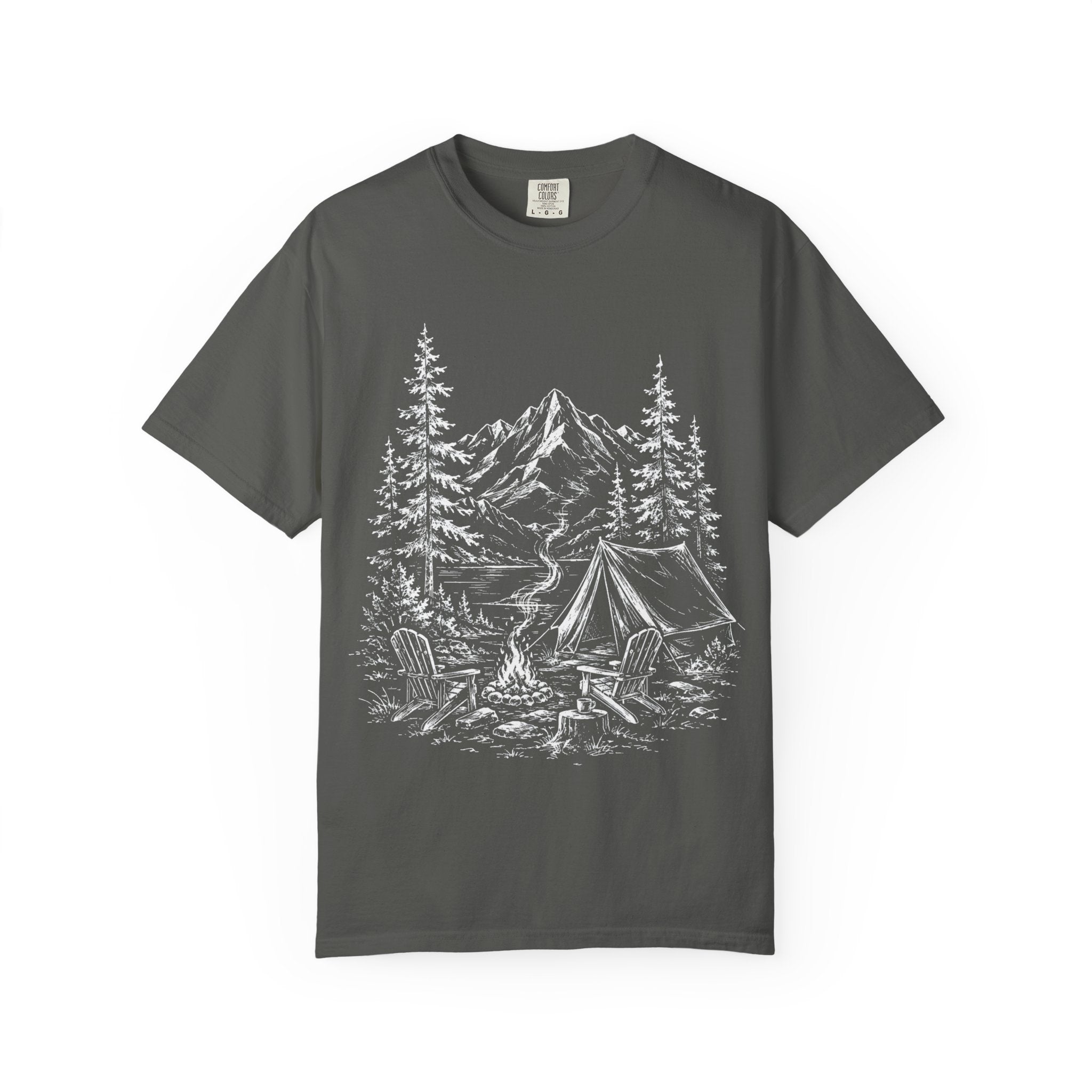 Campsite Sketch — Vintage Mountain Camp Scene Outdoor Tee