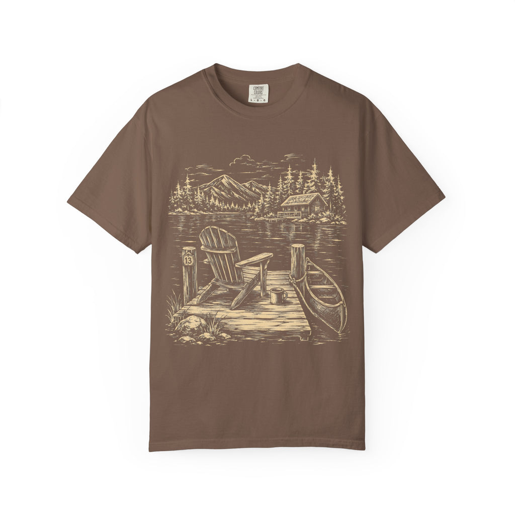 Lakeside Dock — Vintage Lake Cabin and Canoe Sketch Tee