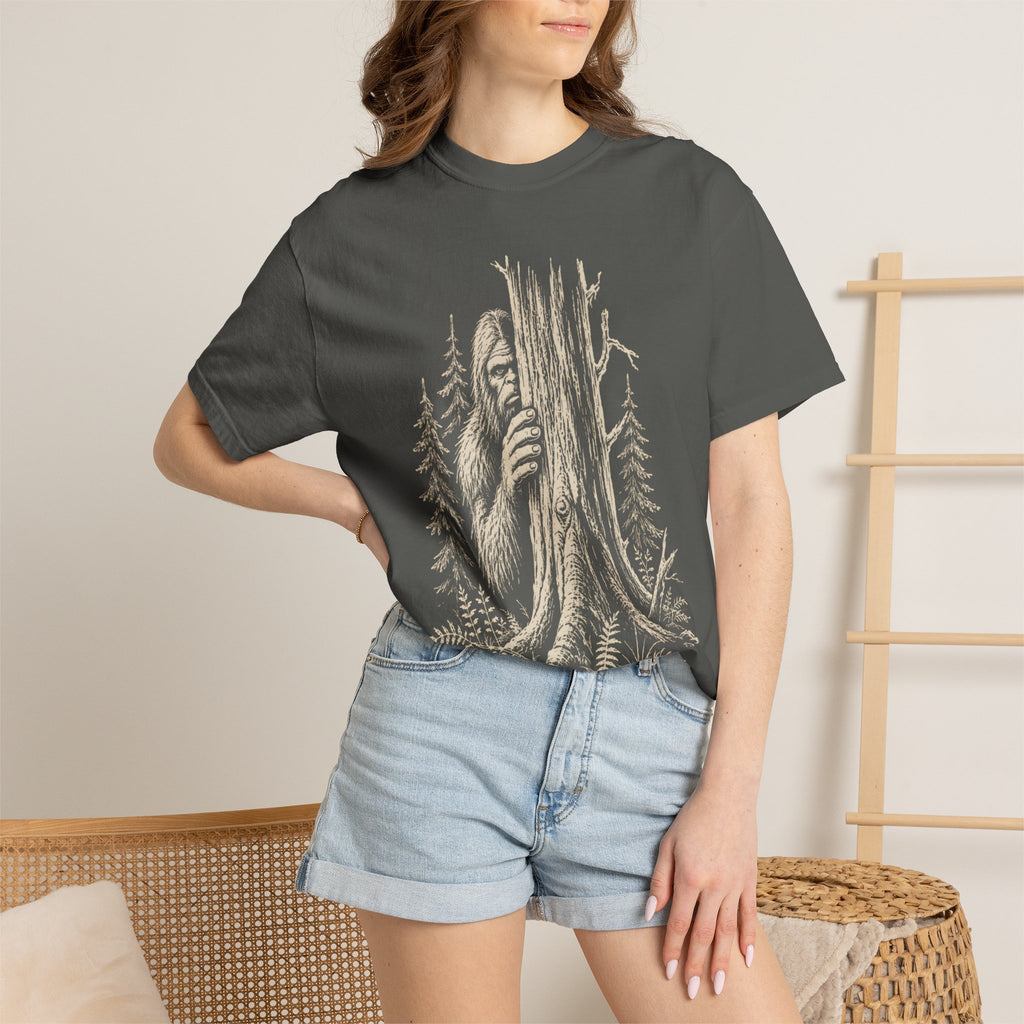Bigfoot Hiding — Vintage Sasquatch Forest Sketch Tee