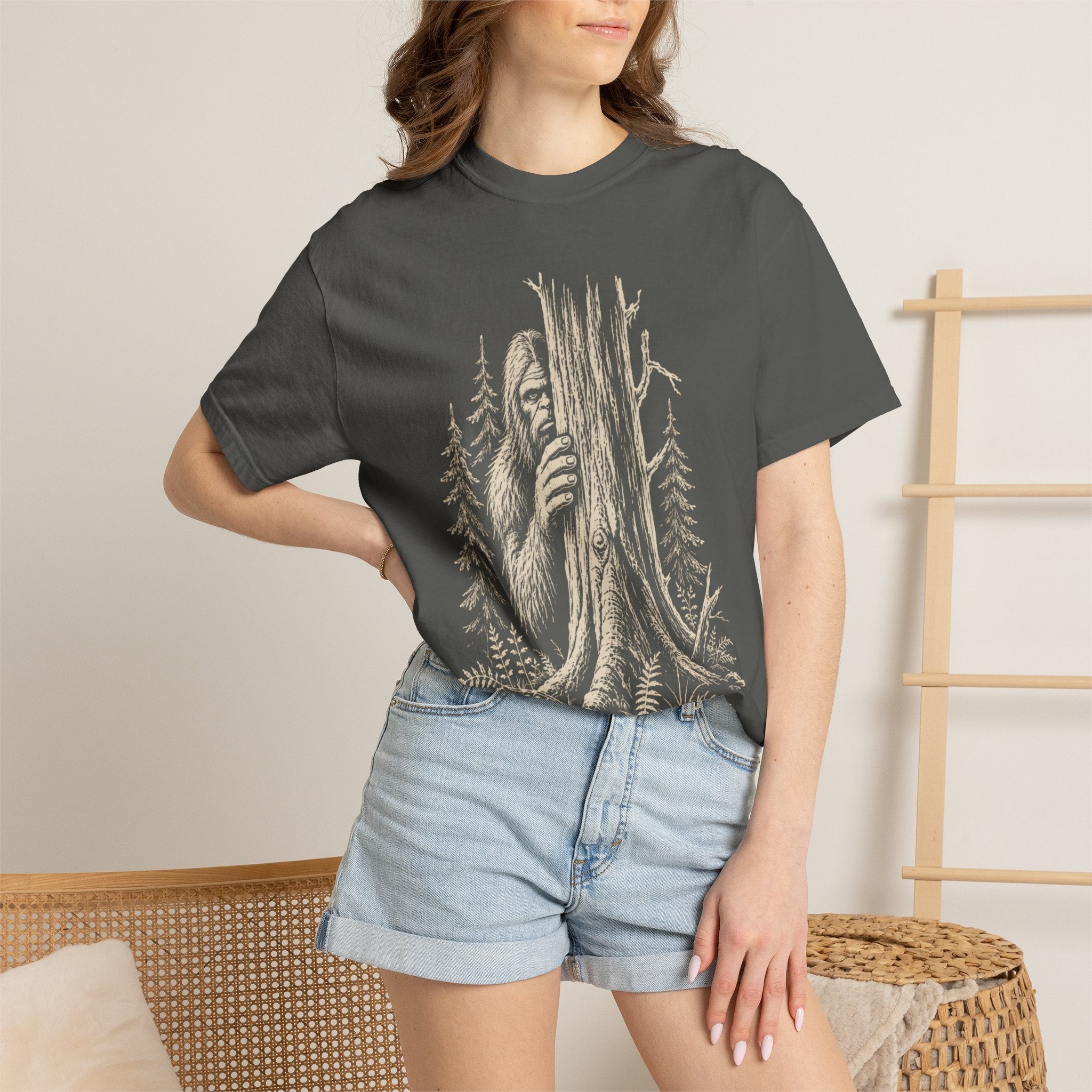 Bigfoot Hiding — Vintage Sasquatch Forest Sketch Tee