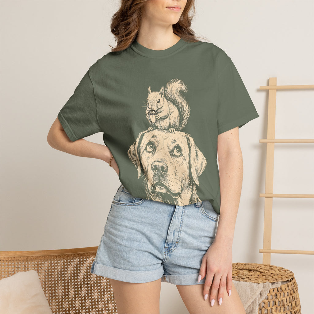 Dog and Squirrel — Vintage Sketch Outdoor Dog Tee