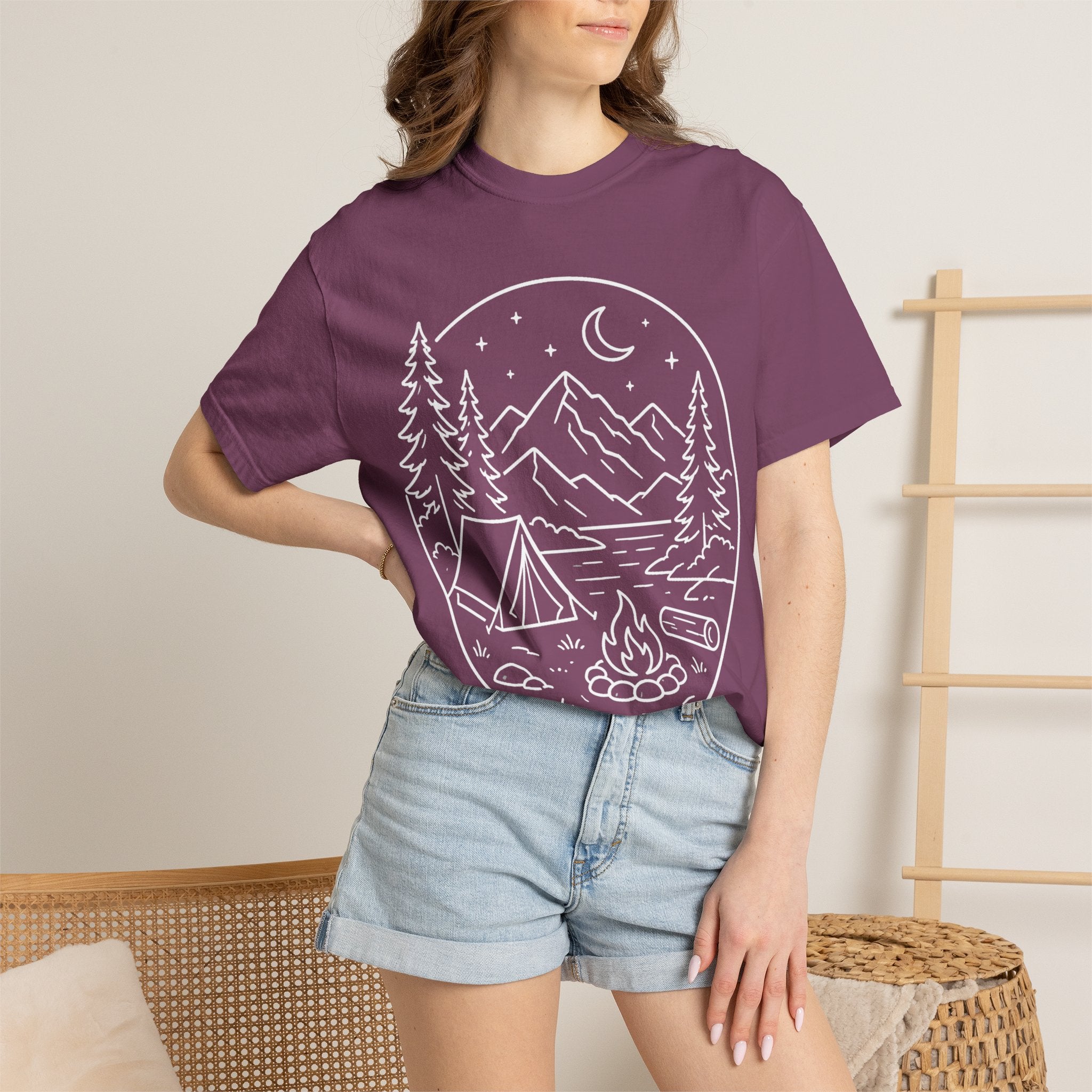 Mountain Campsite Night Scene Shirt — Cream Ink Camping Tee
