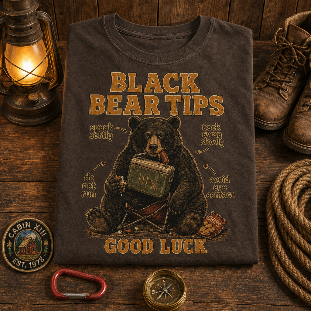 Funny Camping T-Shirt — Black Bear Tips Outdoor Tee