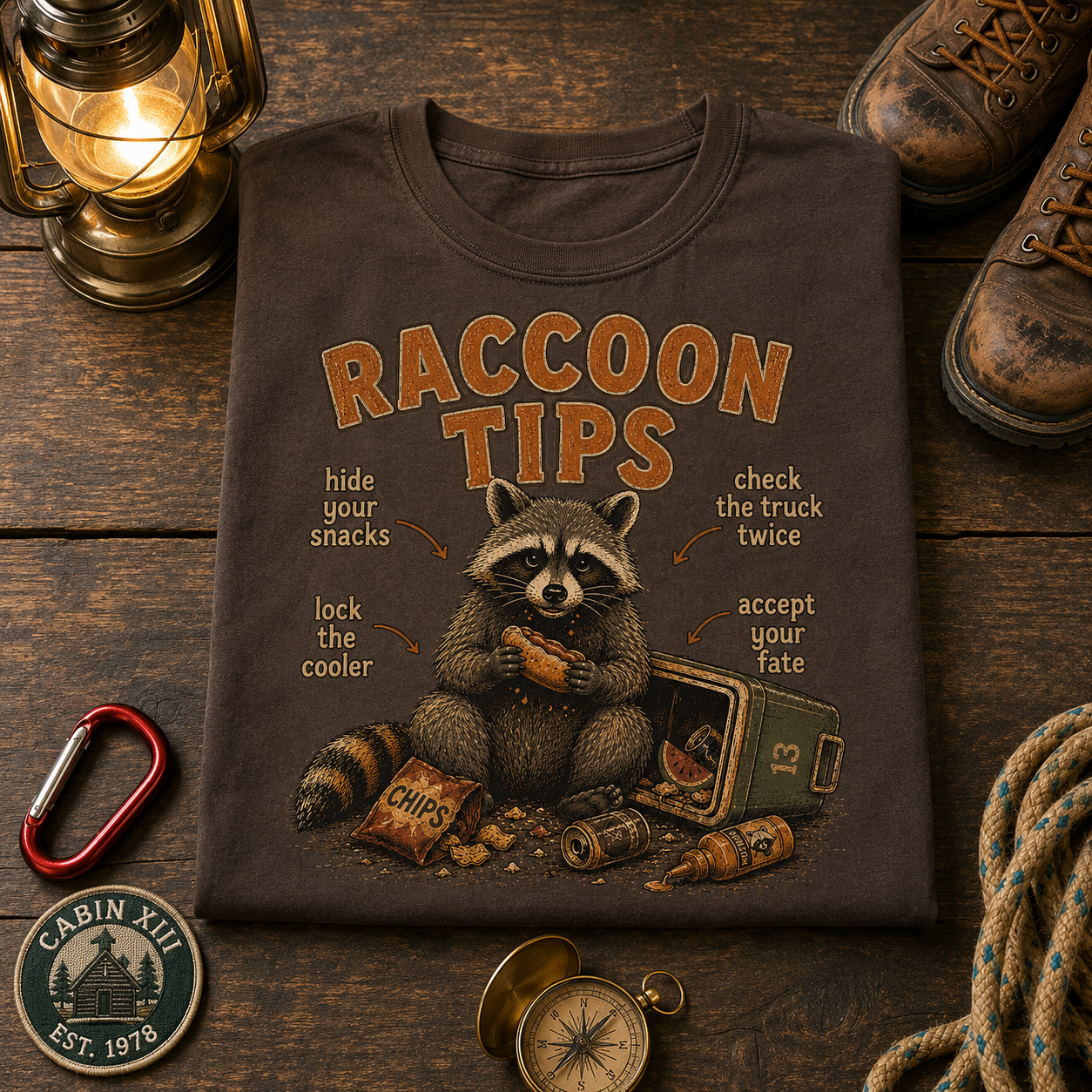 Raccoon Tips T-Shirt — Outdoor Humor Tee