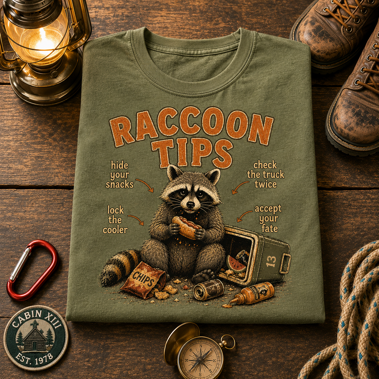 Raccoon Tips T-Shirt — Outdoor Humor Tee