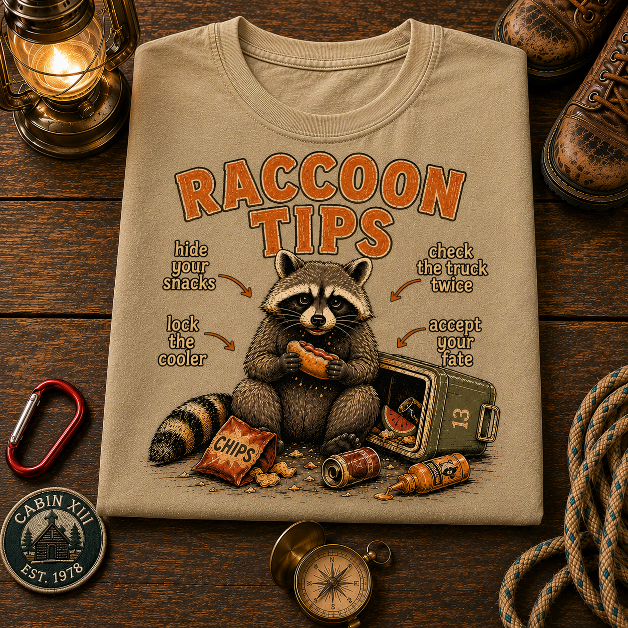 Raccoon Tips T-Shirt — Outdoor Humor Tee