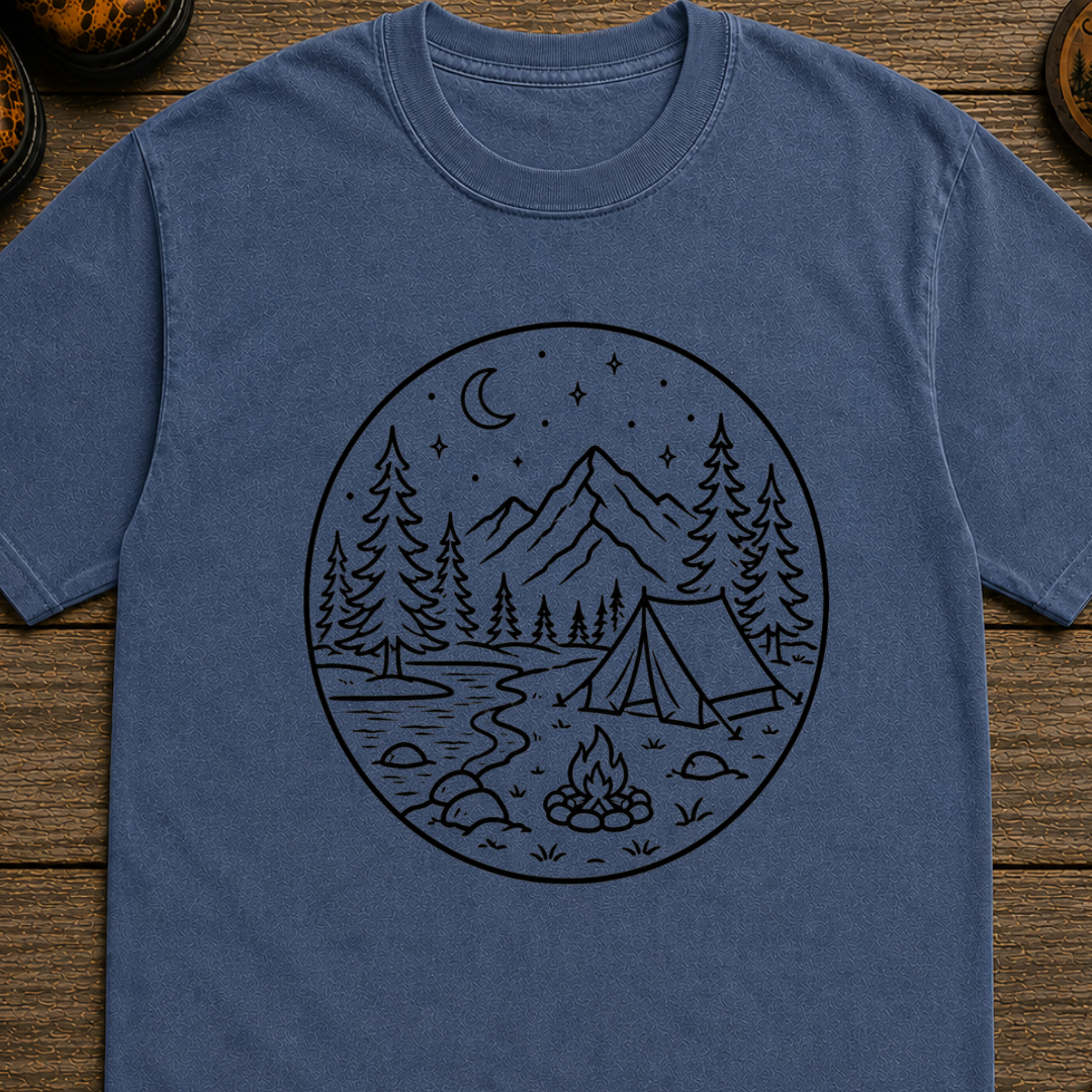 Campsite Black Line Art T-Shirt