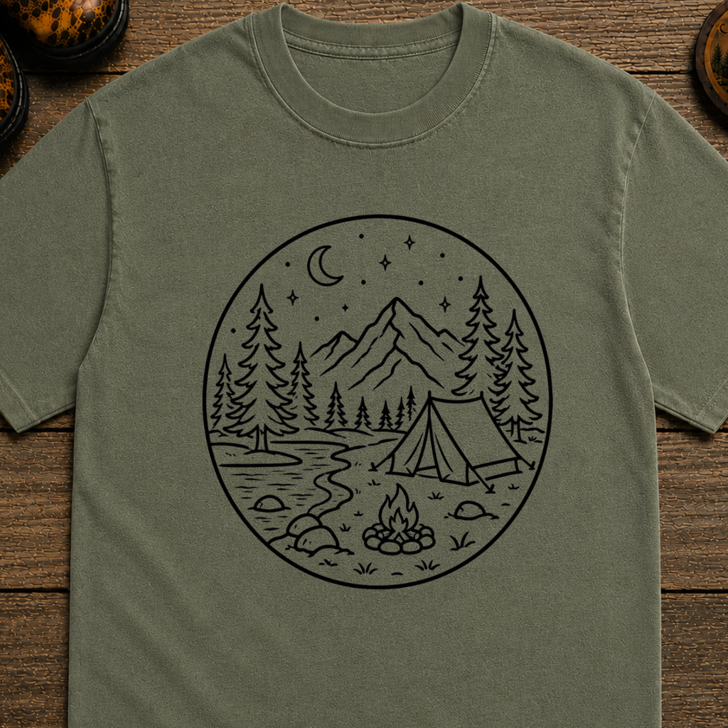 Campsite Black Line Art T-Shirt