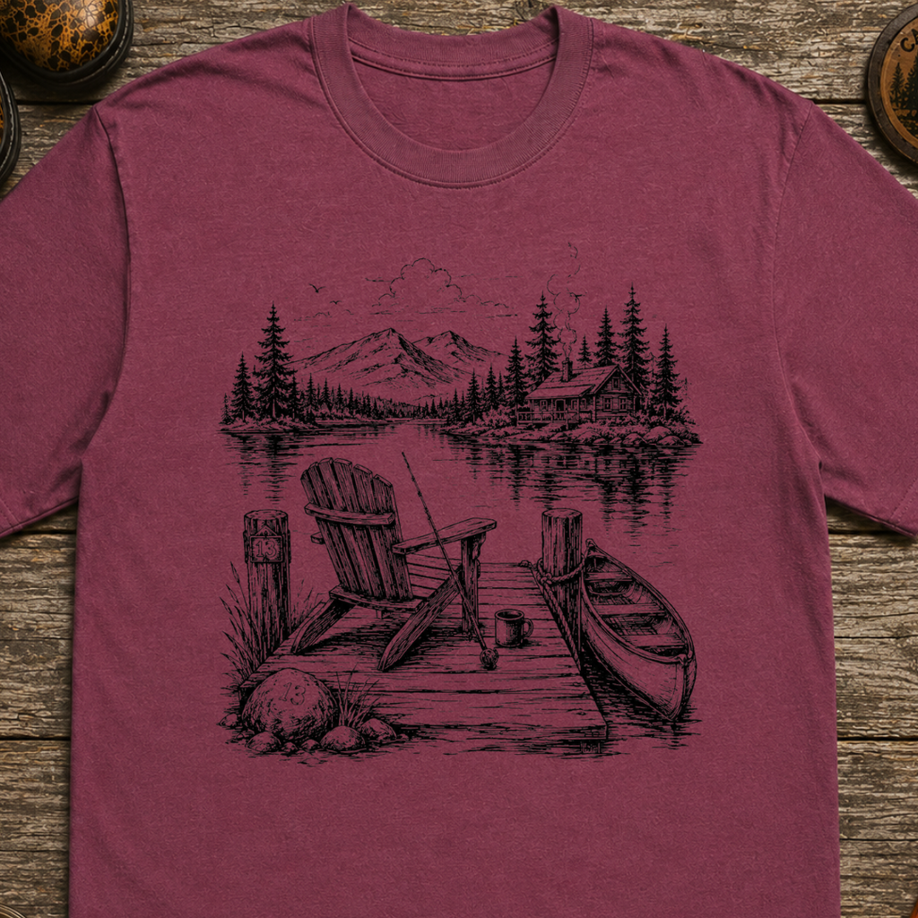Lakeside Dock Sketch in Black T-Shirt
