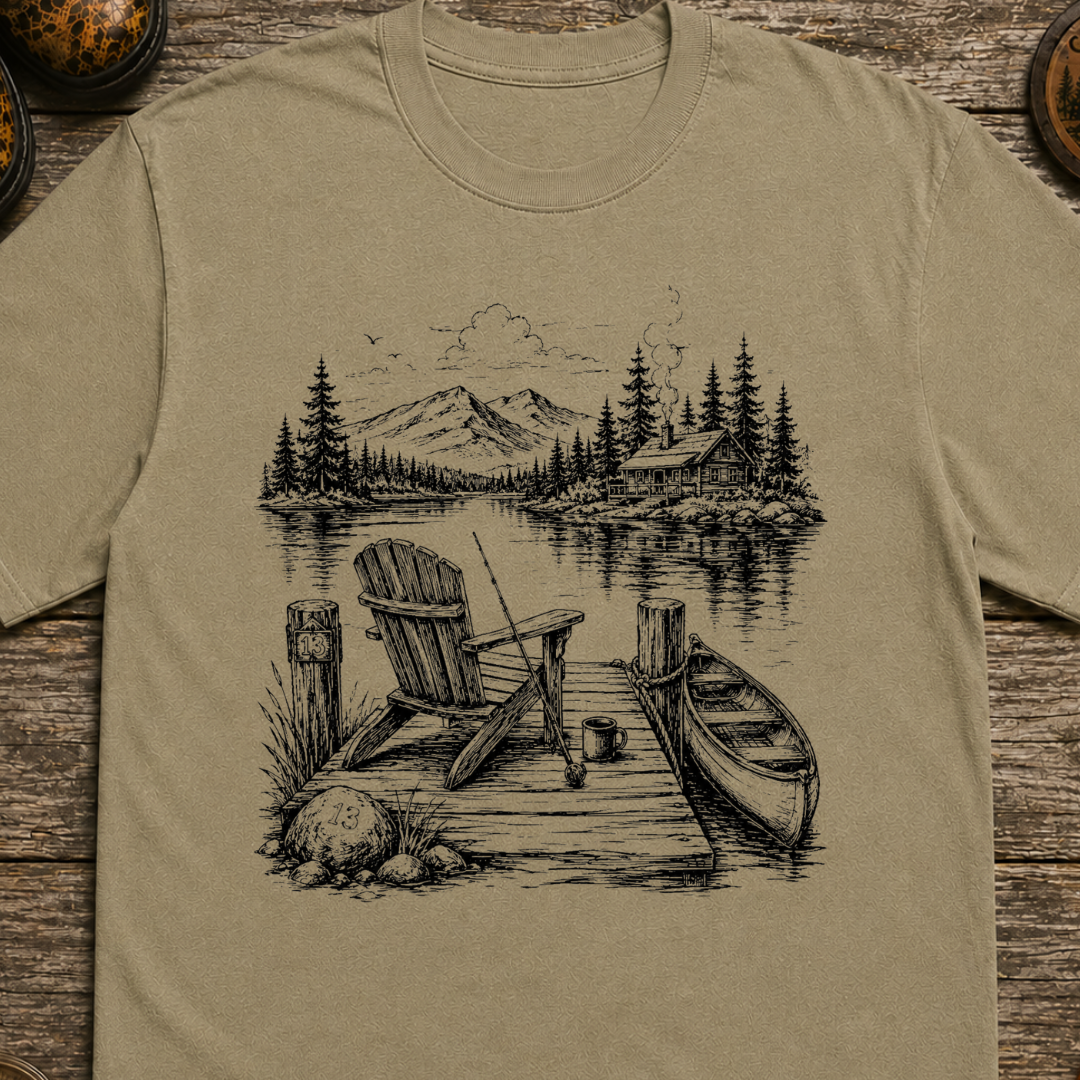 Lakeside Dock Sketch in Black T-Shirt