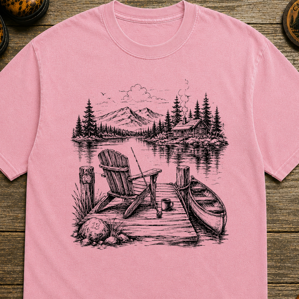 Lakeside Dock Sketch in Black T-Shirt