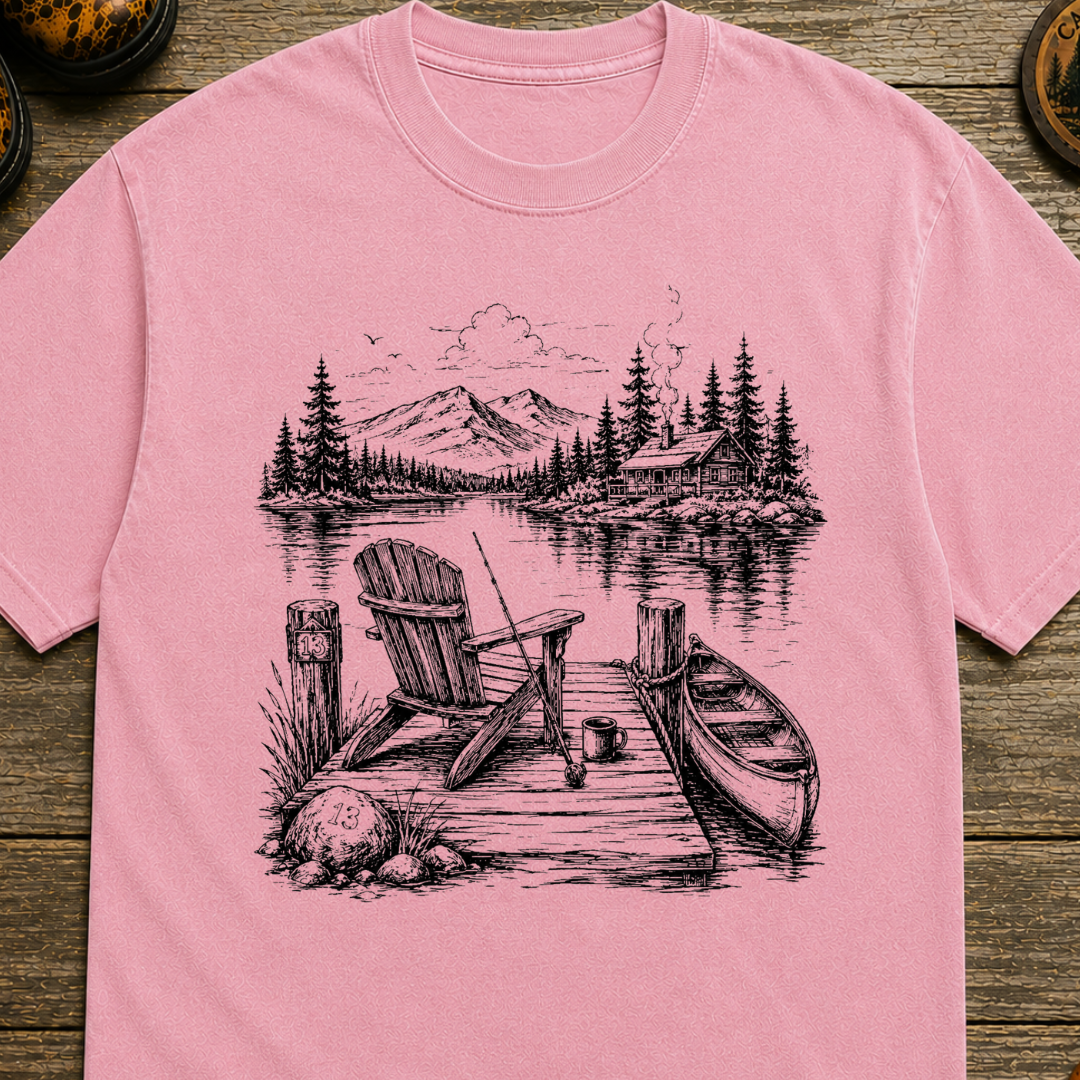Lakeside Dock Sketch in Black T-Shirt
