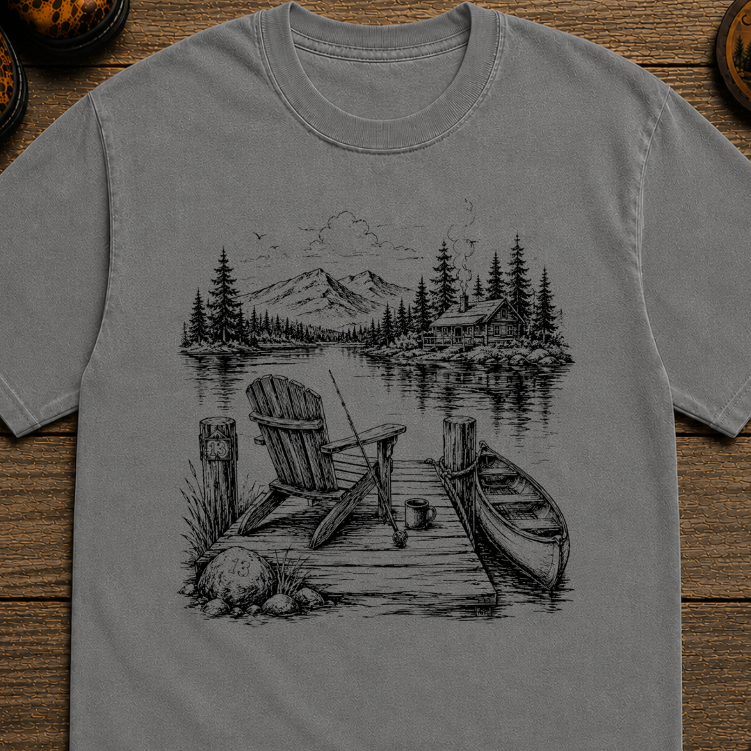 Lakeside Dock Sketch in Black T-Shirt