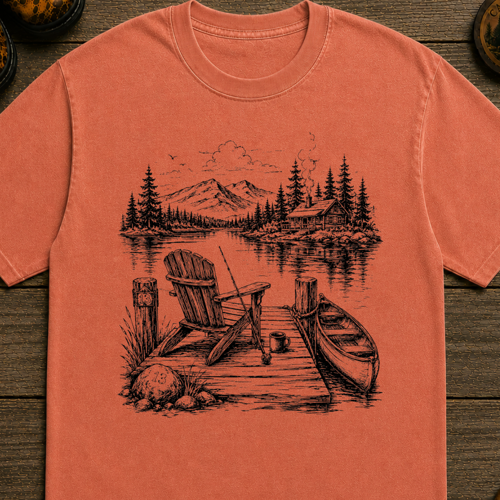 Lakeside Dock Sketch in Black T-Shirt