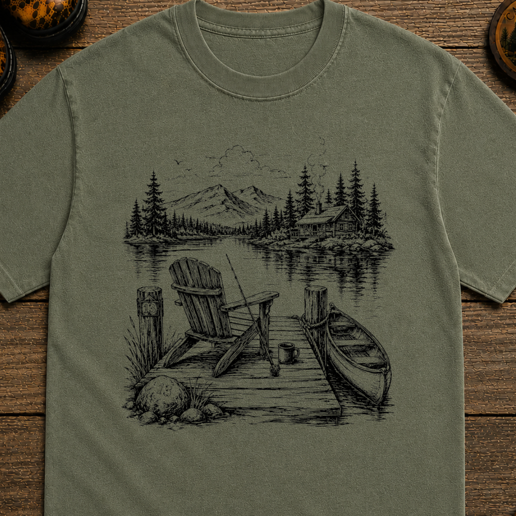 Lakeside Dock Sketch in Black T-Shirt
