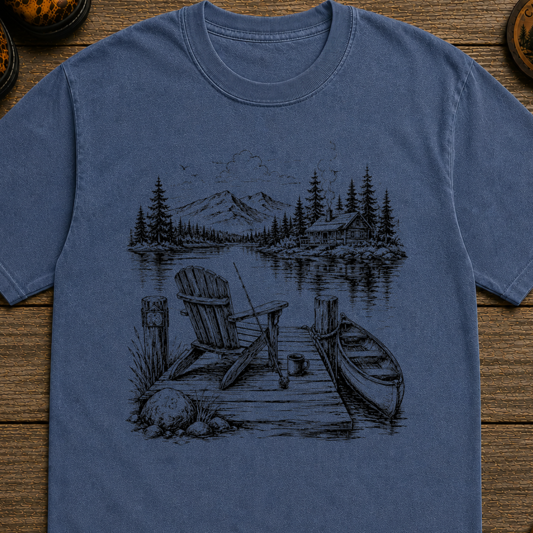 Lakeside Dock Sketch in Black T-Shirt