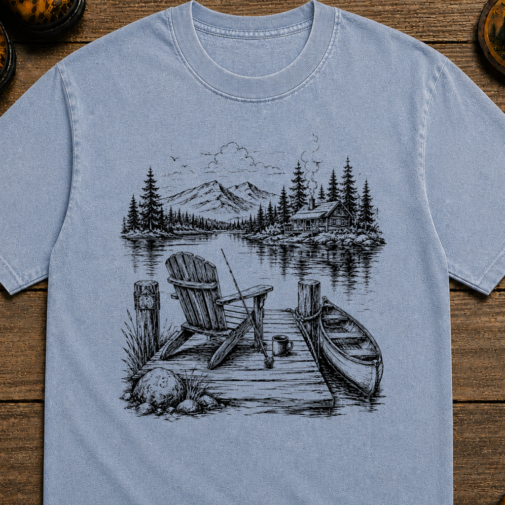 Lakeside Dock Sketch in Black T-Shirt
