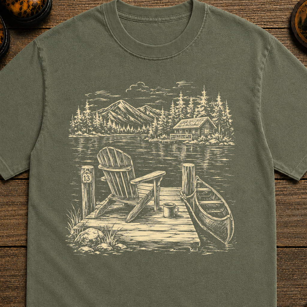 Lakeside Dock Sketch in White T-Shit