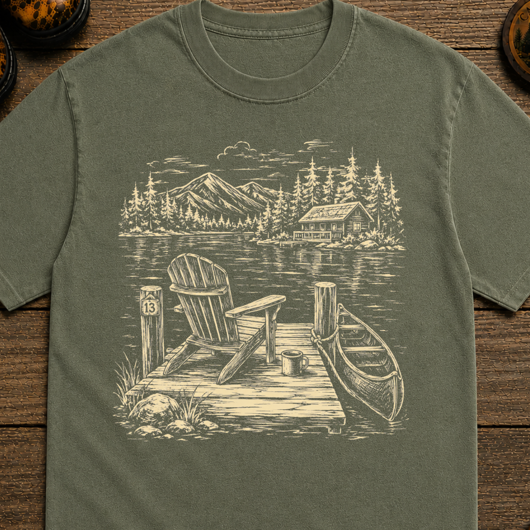 Lakeside Dock Sketch in White T-Shit