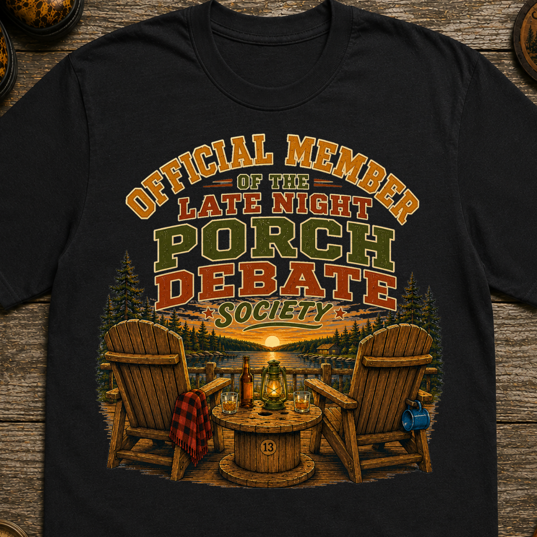 Late Night Porch Debate Society — Funny Lake Cabin Camping Tee