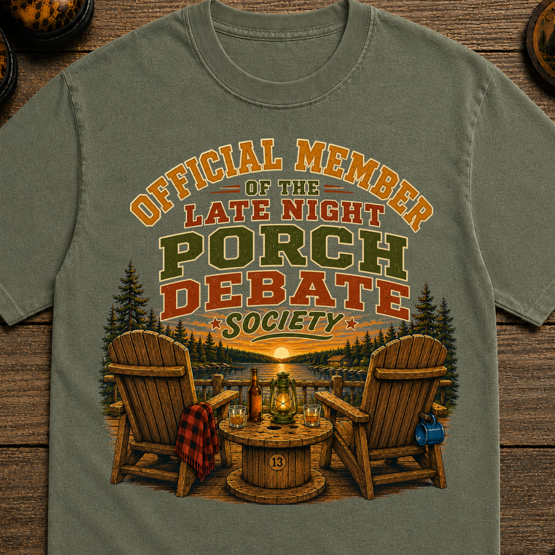 Late Night Porch Debate Society — Funny Lake Cabin Camping Tee