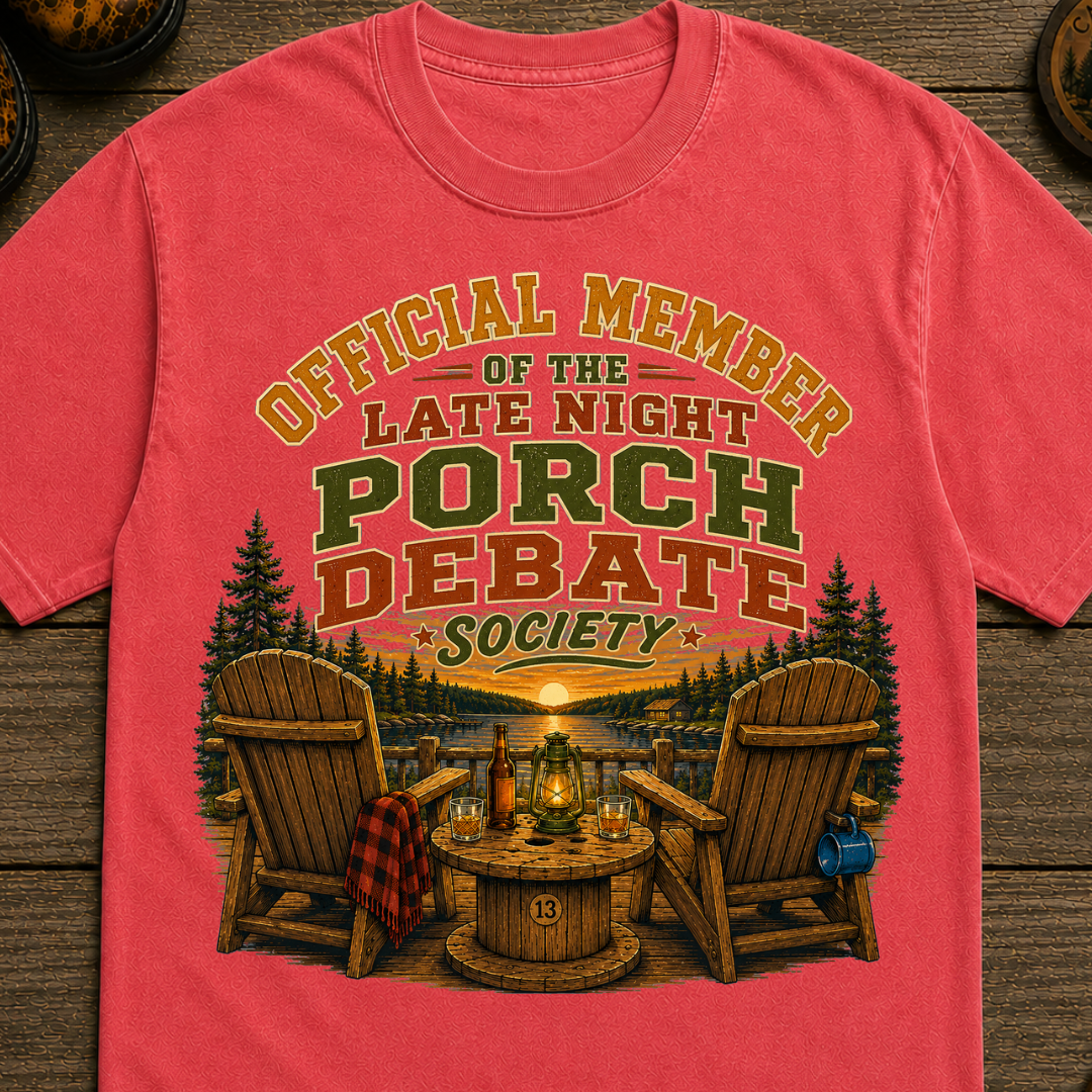 Late Night Porch Debate Society — Funny Lake Cabin Camping Tee