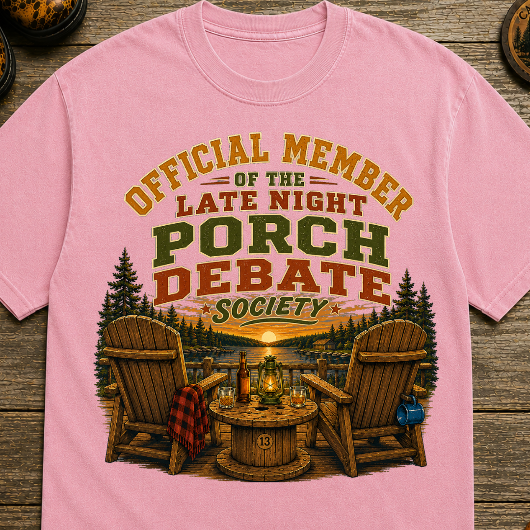 Late Night Porch Debate Society — Funny Lake Cabin Camping Tee