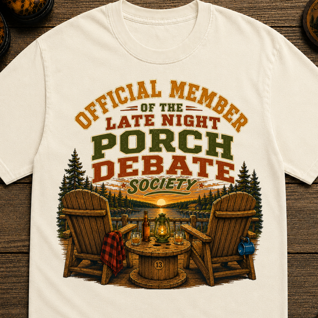 Late Night Porch Debate Society — Funny Lake Cabin Camping Tee