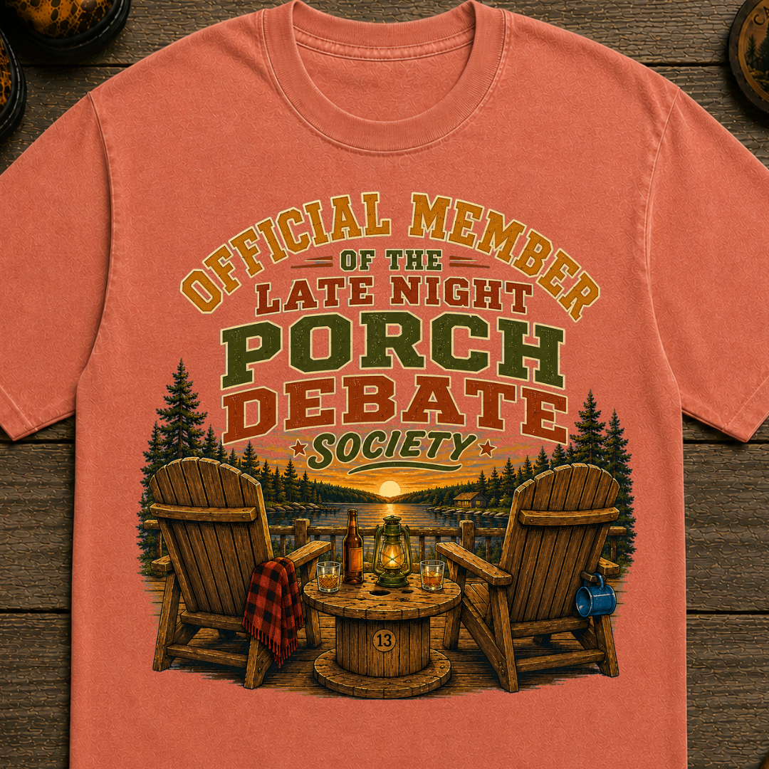 Late Night Porch Debate Society — Funny Lake Cabin Camping Tee