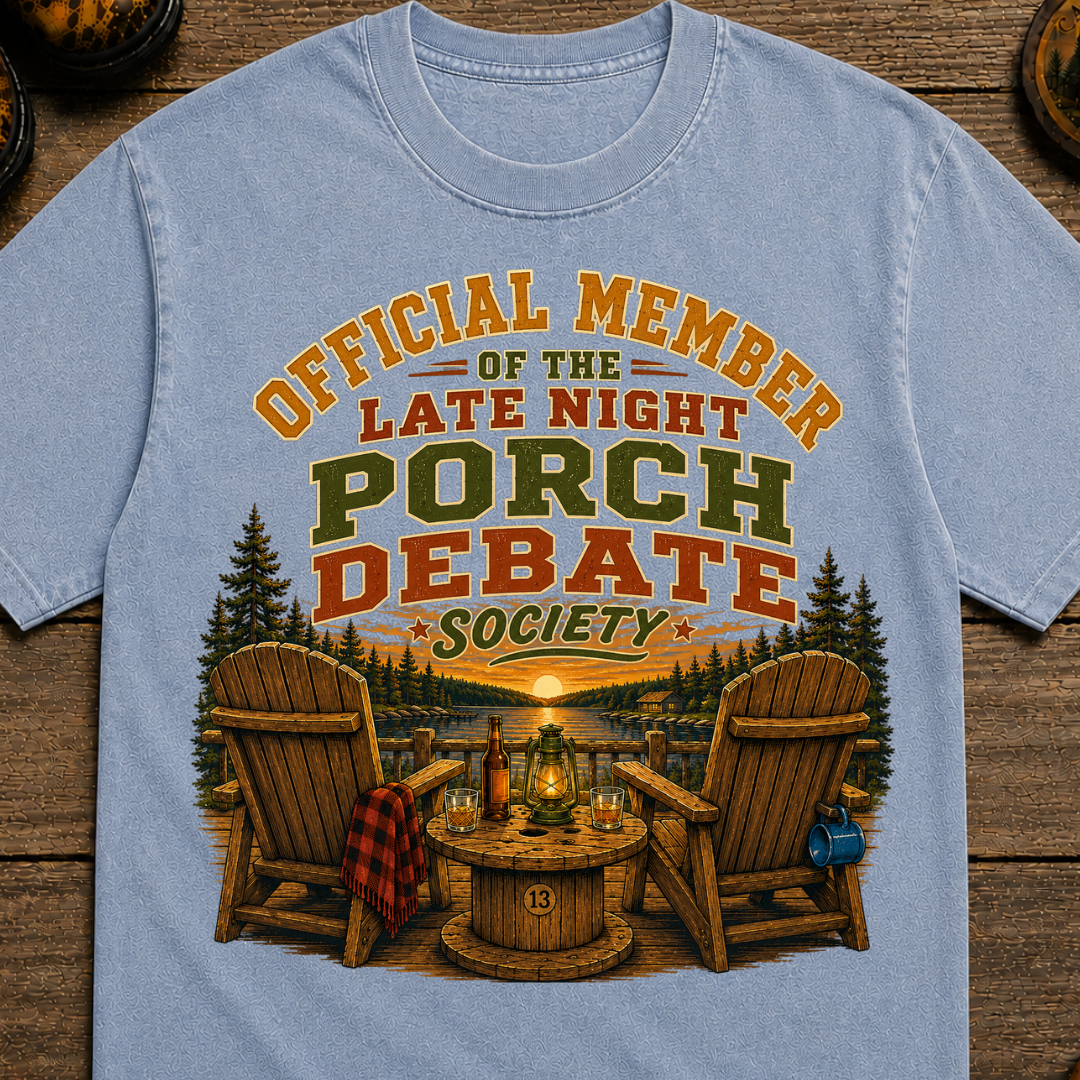 Late Night Porch Debate Society — Funny Lake Cabin Camping Tee