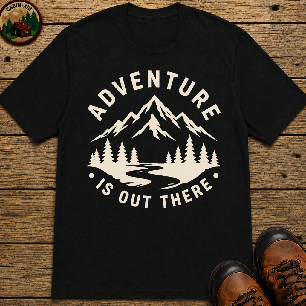 Adventure Is Out There — Vintage Mountain Outdoor Badge Tee