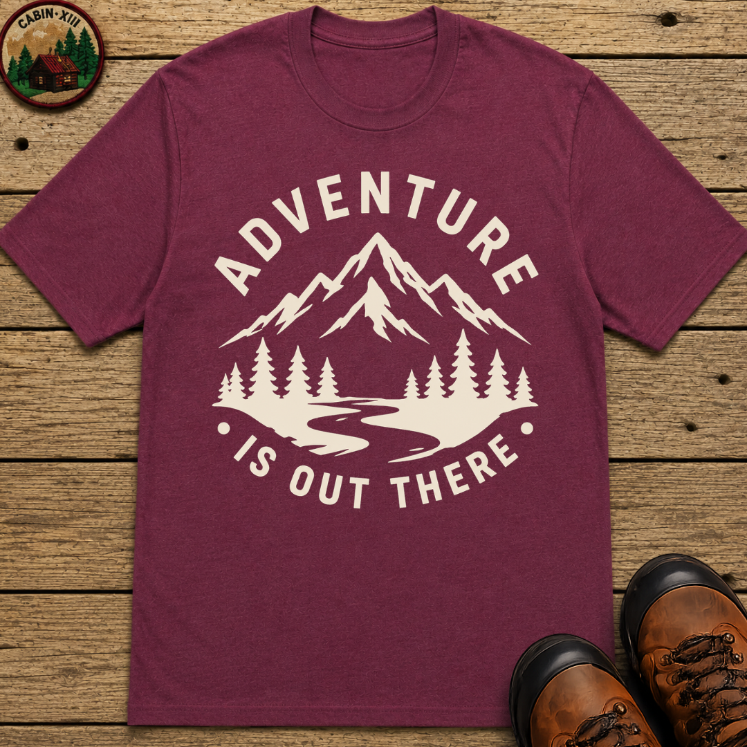 Adventure Is Out There — Vintage Mountain Outdoor Badge Tee