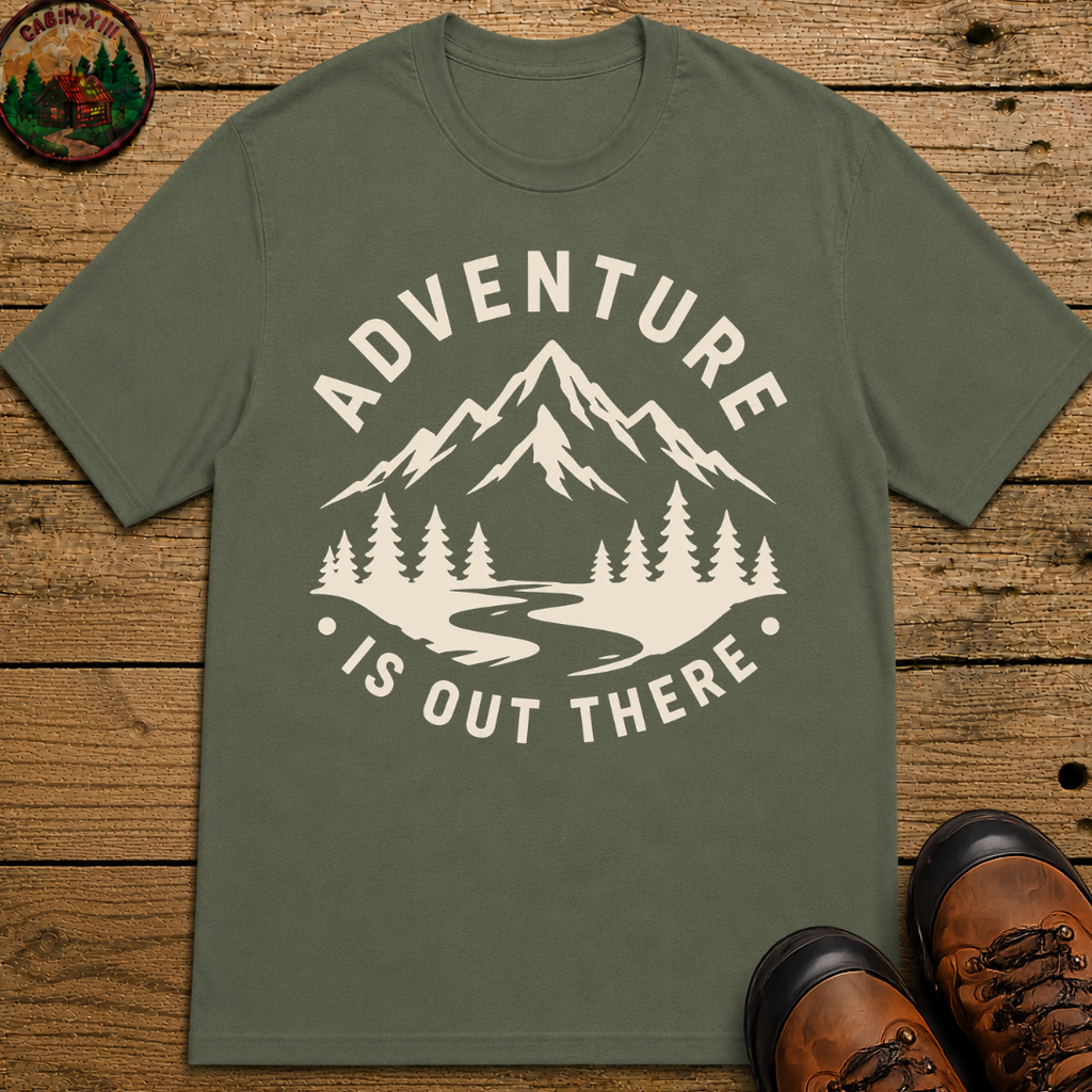 Adventure Is Out There — Vintage Mountain Outdoor Badge Tee