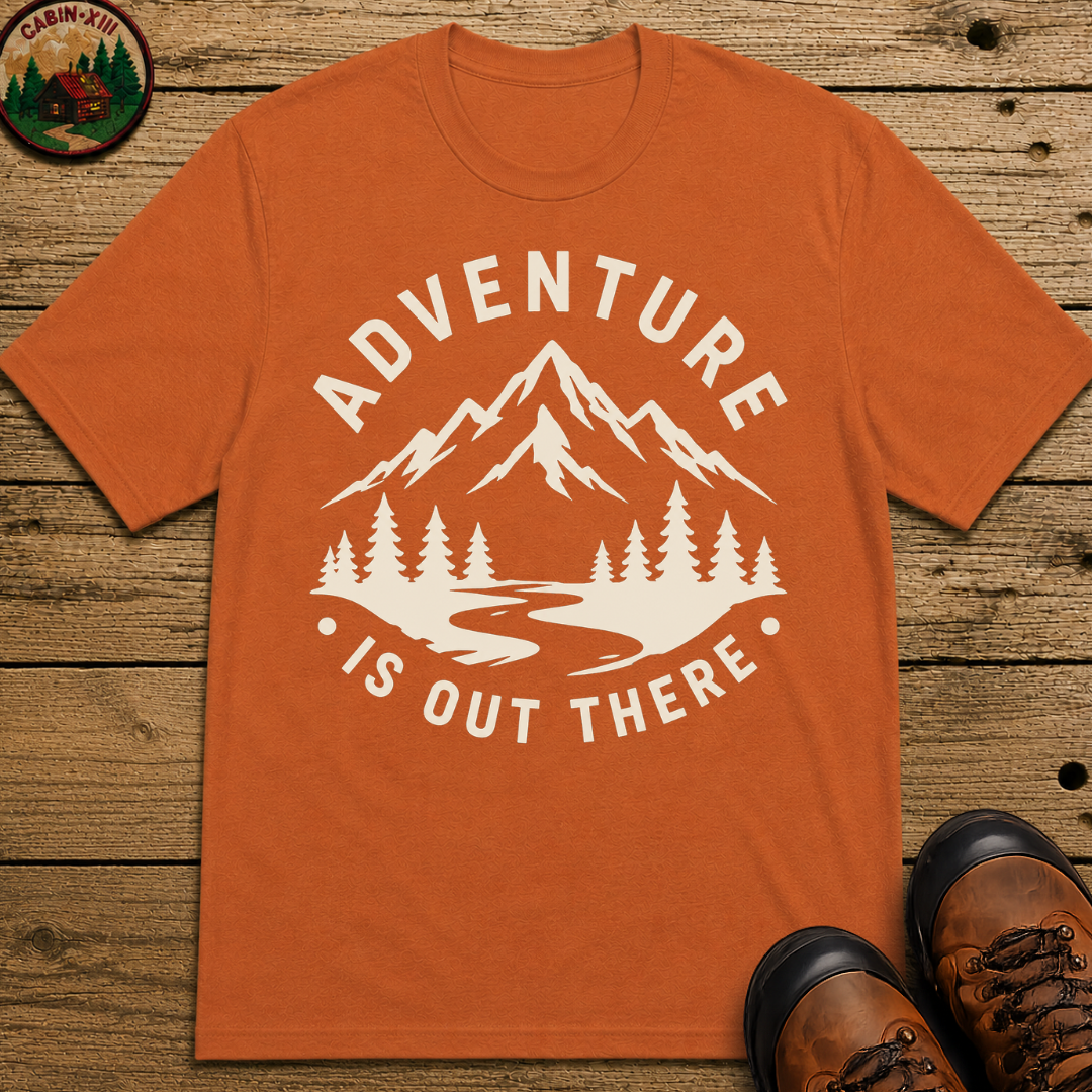 Adventure Is Out There — Vintage Mountain Outdoor Badge Tee