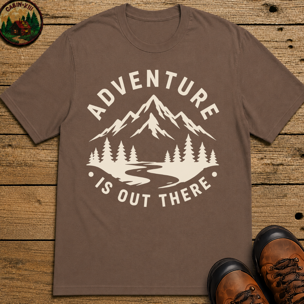 Adventure Is Out There — Vintage Mountain Outdoor Badge Tee