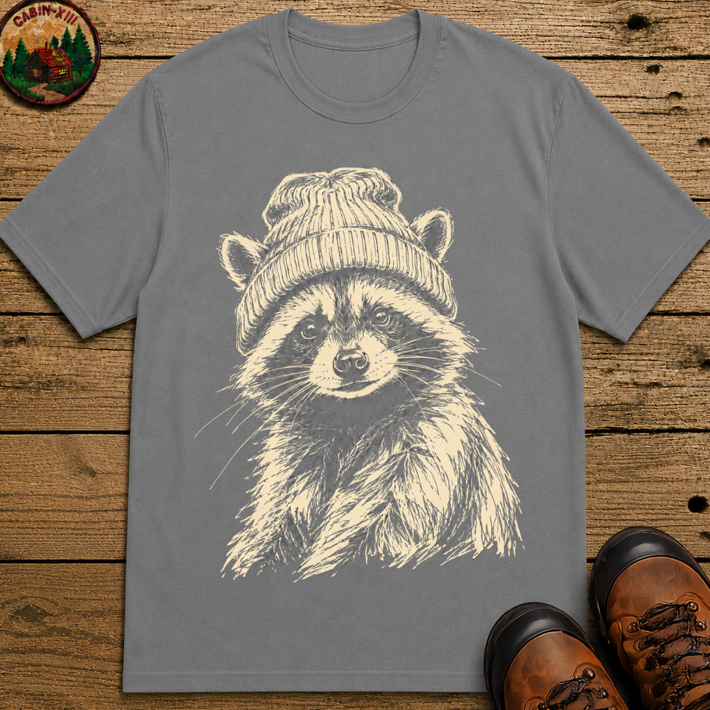 Raccoon in a Beanie — Vintage Sketch Wildlife Outdoor Tee