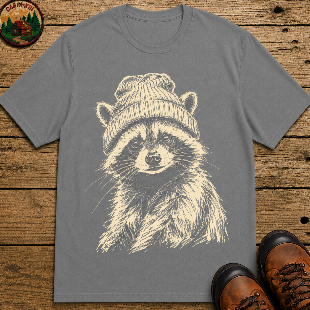 Raccoon in a Beanie — Vintage Sketch Wildlife Outdoor Tee