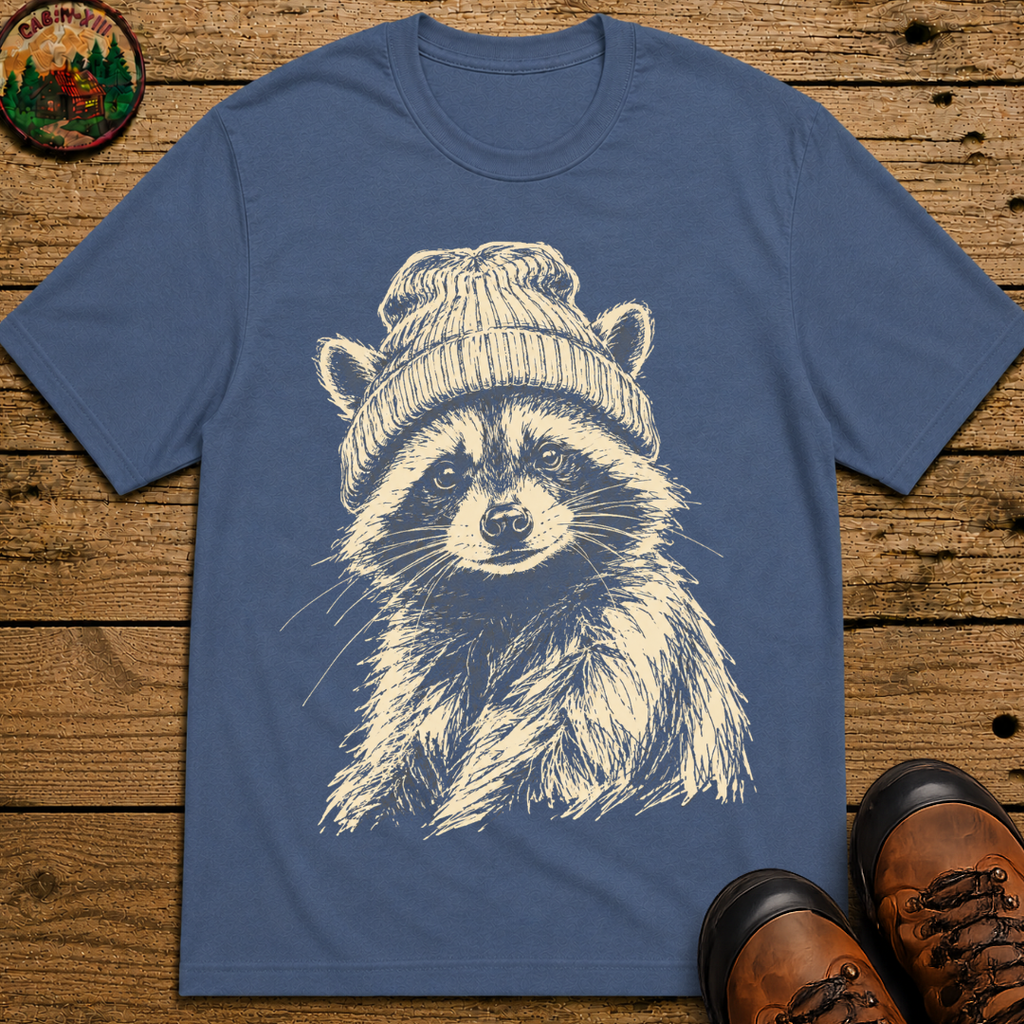 Raccoon in a Beanie — Vintage Sketch Wildlife Outdoor Tee