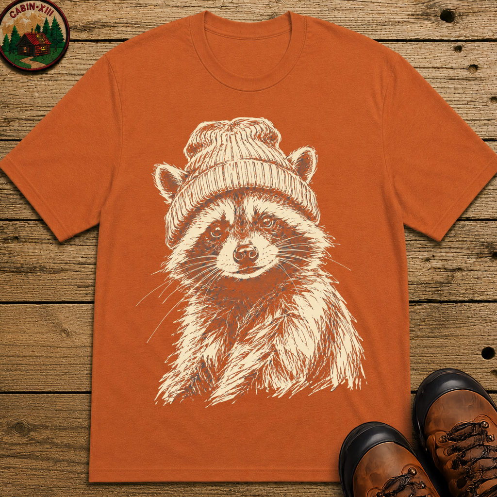 Raccoon in a Beanie — Vintage Sketch Wildlife Outdoor Tee