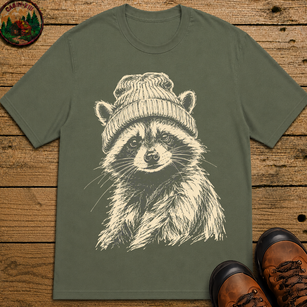 Raccoon in a Beanie — Vintage Sketch Wildlife Outdoor Tee