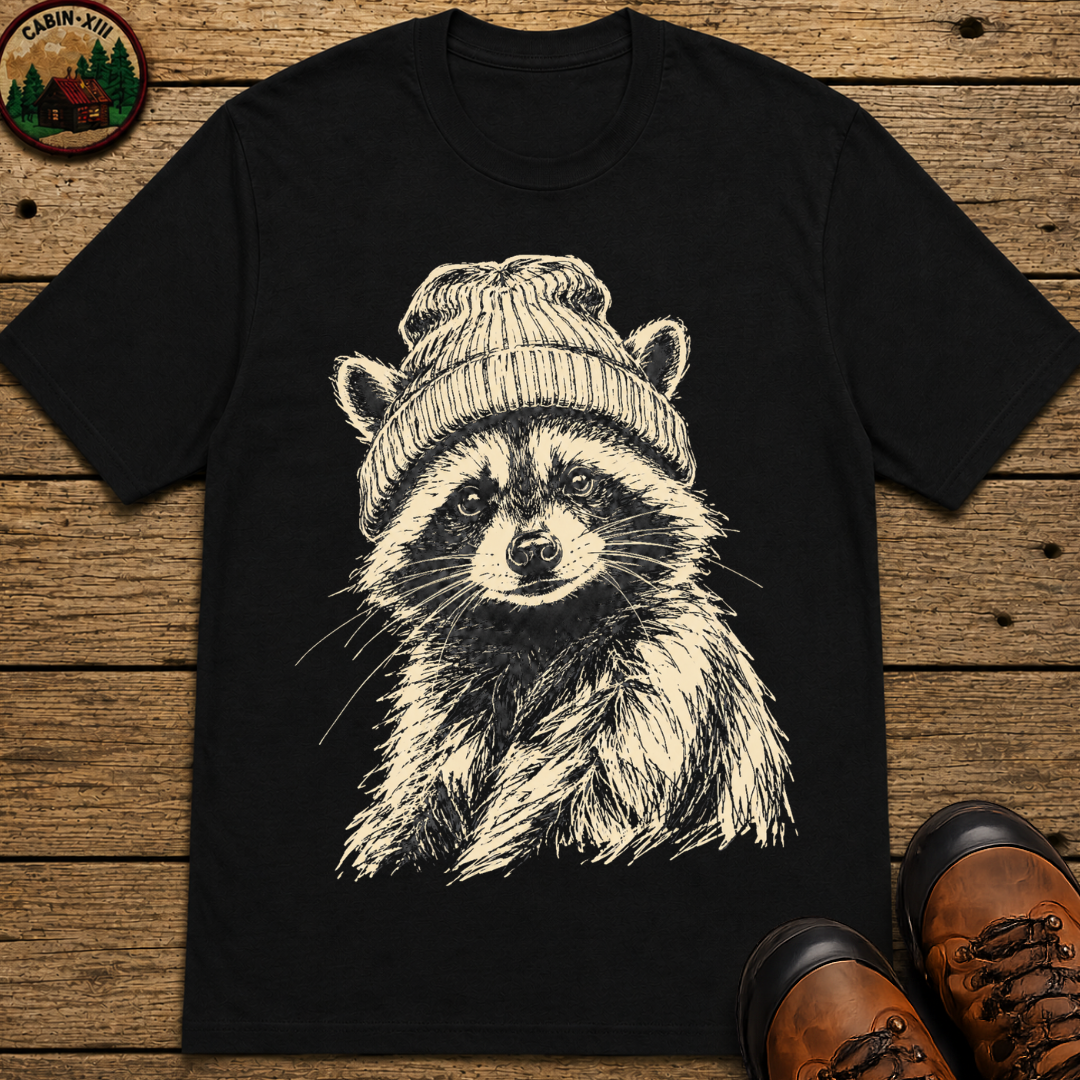 Raccoon in a Beanie — Vintage Sketch Wildlife Outdoor Tee
