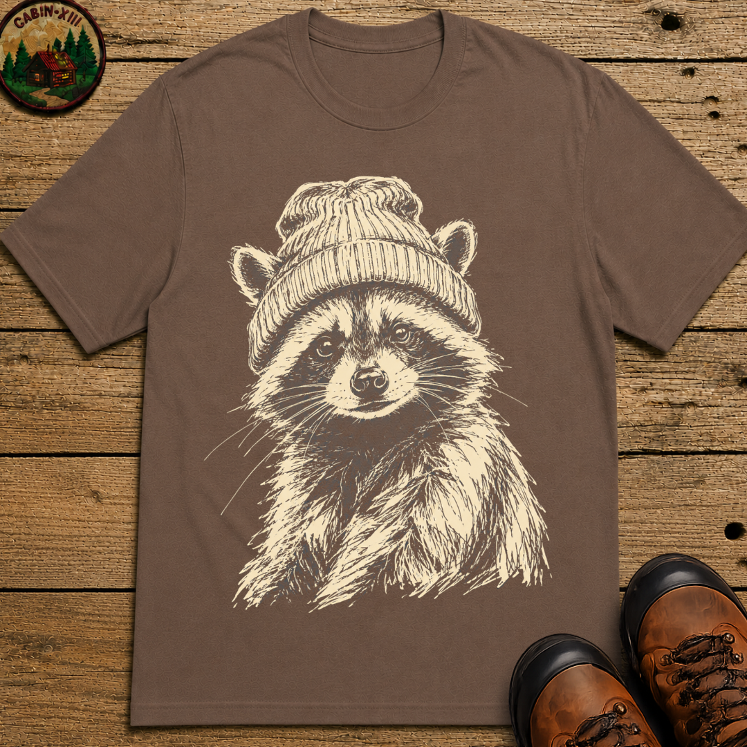 Raccoon in a Beanie — Vintage Sketch Wildlife Outdoor Tee