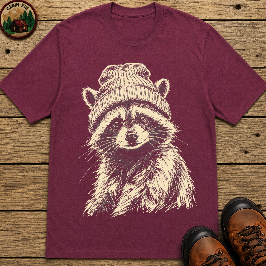 Raccoon in a Beanie — Vintage Sketch Wildlife Outdoor Tee