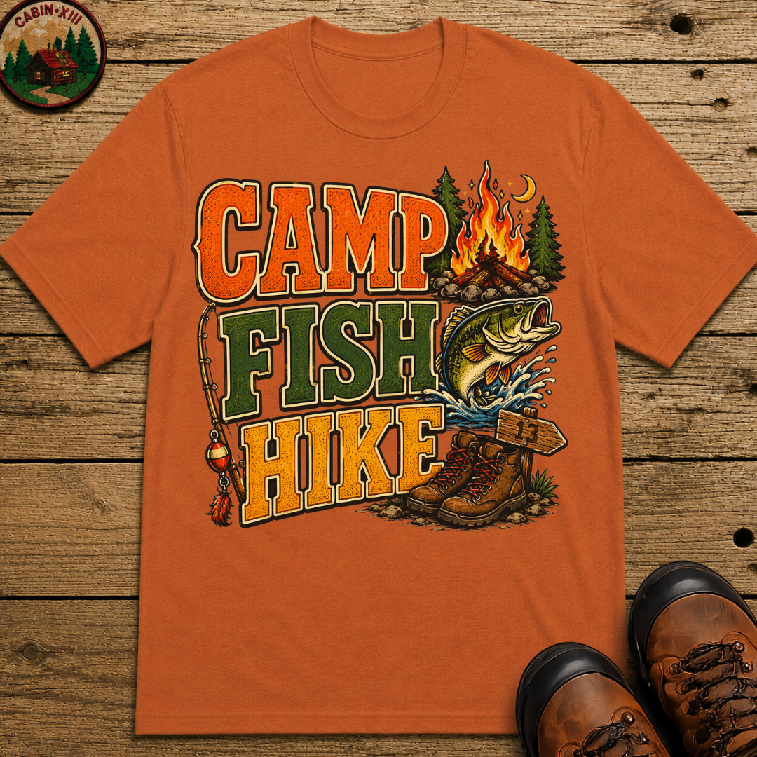Camp Fish Hike — Vintage Outdoor Camping and Fishing Tee