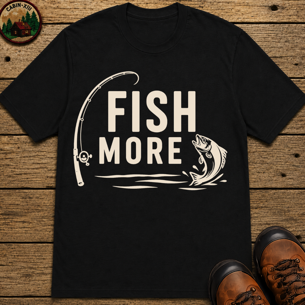 Fish More — Vintage Fishing Rod and Bass Outdoor Tee