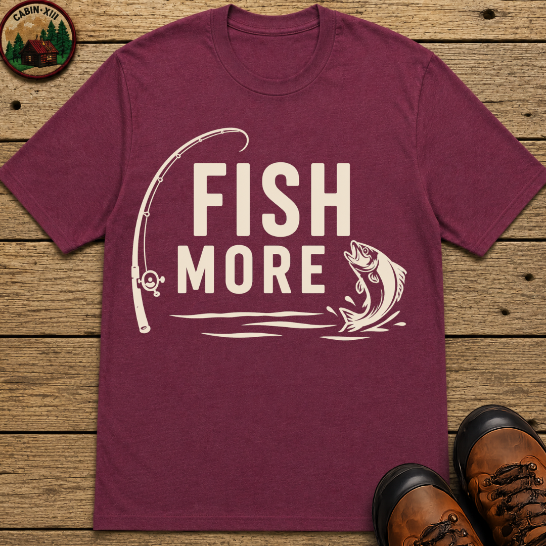 Fish More — Vintage Fishing Rod and Bass Outdoor Tee