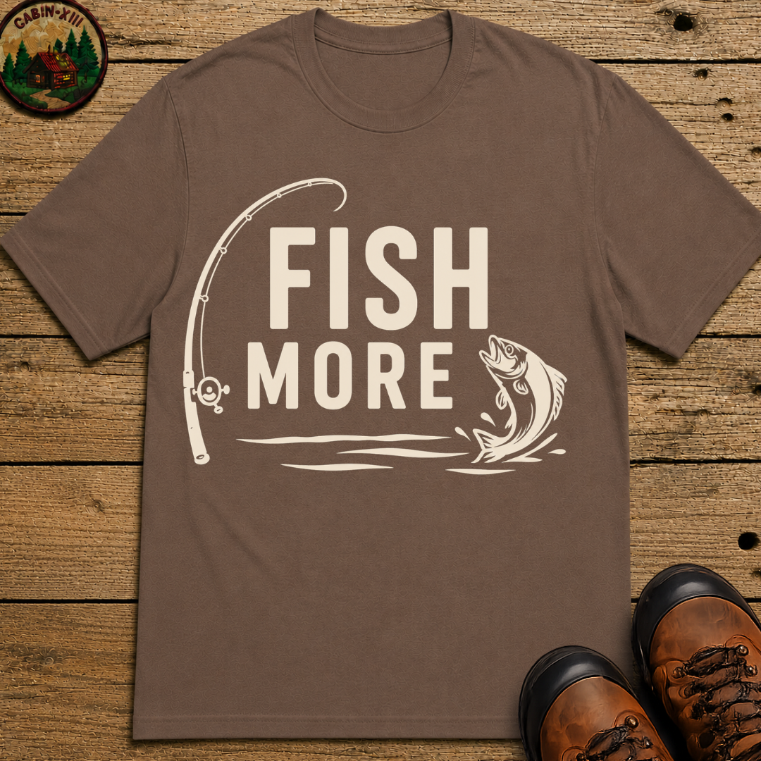 Fish More — Vintage Fishing Rod and Bass Outdoor Tee
