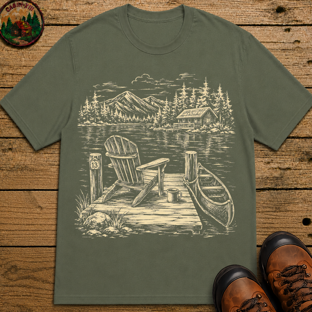 Lakeside Dock — Vintage Lake Cabin and Canoe Sketch Tee